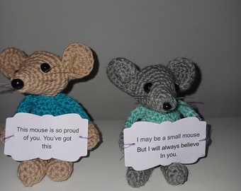 May include: Two crocheted mouse toys holding signs with encouraging messages. The brown mouse says "This mouse is so proud of you. You've got this." The grey mouse says "I may be a small mouse but I will always believe in you."
