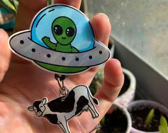 Funny Alien Cow Abduction Retractable Badge Reel - Alligator Clip
