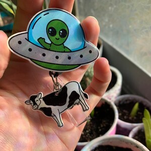 Funny Alien Cow Abduction Retractable Badge Reel - Alligator Clip