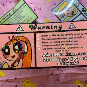 May include: A pink and white warning sign with a cartoon girl holding a drink. The sign reads "Warning" and includes safety tips for children in cars, such as "Children could be killed or seriously injured by the airbag." and "Hot girl in drivers seat So buckle yo MF seatbelt & stay safe!"