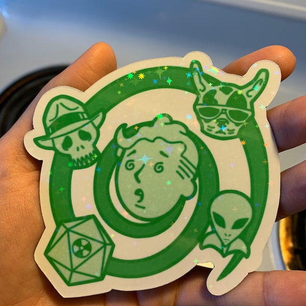 Design credit to The Wild Wastelanders Fallout sticker or magnet confused vaultboy with aliens super sparkly great for car magnet or fridge!