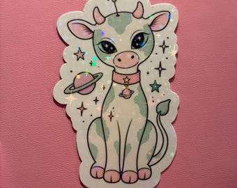 Alien Cow Sticker | Kawaii Space Cow Vinyl Sticker | Cute Pastel Planet Cow Decal | Holographic Laptop Sticker | journal Sticker | 2.5 Inch