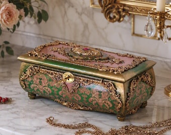 Luxury Handmade Jewelry Box | OOAK Baroque Treasure Chest | Collectible Decorative Art | Heirloom Casket & Matching Pedestal Vase Set