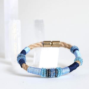 Linen Bracelet, Boho Fabric Bracelet, Shades of Blue on Burlap Rope , Summer Bracelet, Linen Anniversary Gift, CELESTE COBALT