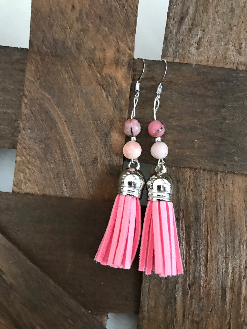 Pink Suede Tassel Earrings with Natural Stone