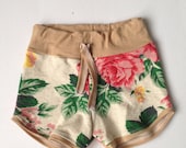 Shorties, Oatmeal Floral French terry Drawstring shorts, MADE TO ORDER by The Little Spoons