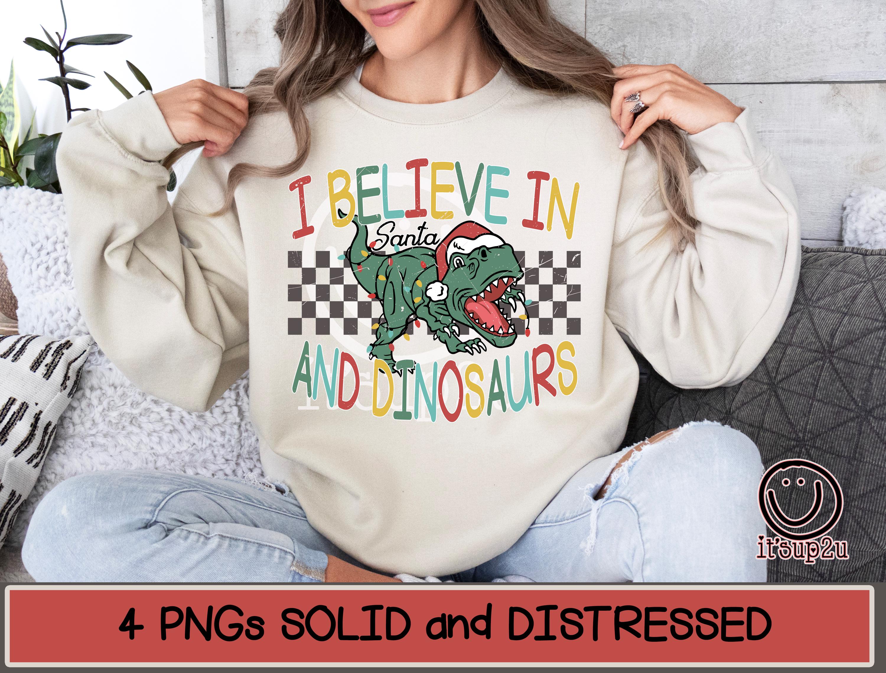 Checkered Retro Santa Dinosaur PNG, I Believe in Santa and Dinosaurs ...