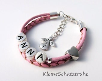 Name bracelet leather for girls pink HEARTFELT