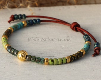 Leather strap with Miyuki Seed Beads turquoise green gold