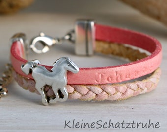 Leather name bracelet for girls horse pink