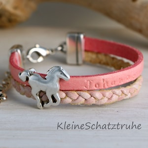 Leather name bracelet for girls horse pink