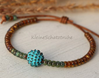 Lederarmband mit Miyuki Seed Beads braun grün