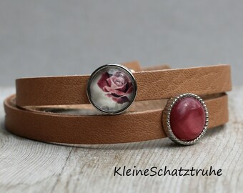 Lederarmband doppelt, Wickelarmband Leder, Lederarmband, braun, SLIDER, Rose, Armband Leder, Schiebeperlen Armband