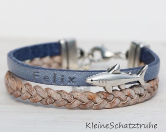 Bracelet prénom en cuir pour garçon avec un requin de la couleur de votre choix