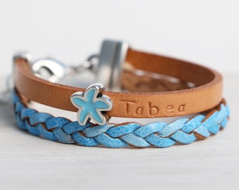 Bracelet prénom en cuir bleu naturel avec pendentif étoile de mer et poisson