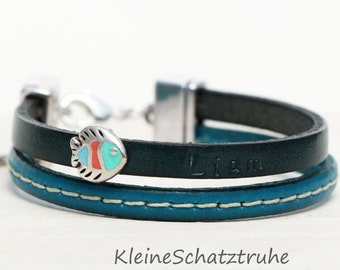Leather bracelet with name for guys blue fish