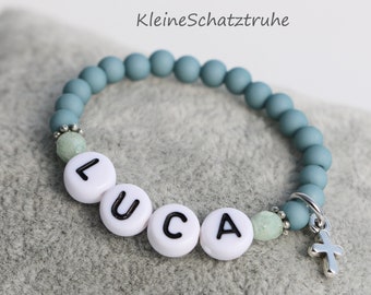 Name bracelet baby baptism gift boy petrol cross