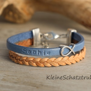 Leather name bracelet communion fish desired color