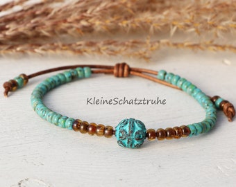 Seed Beads bracelet cuir turquoise brun cuivre patiné