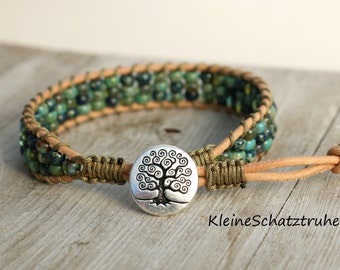 Lederarmband naturfarben - Lebensbaum - geknüft mit Miyuki Seed Beads