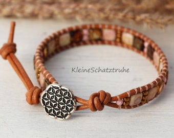 Leather strap brown - flower of life - knotted with Czech Mates