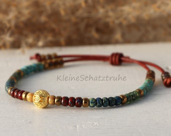 Leather strap with Miyuki Seed Beads red blue gold