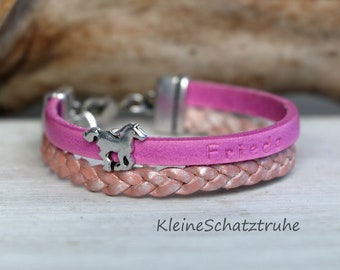 Leather name bracelet for girls horse pink