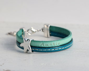 Bracelet prénom en cuir fille étoile de mer turquoise