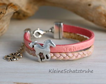 Leather name bracelet for girls, horse pink
