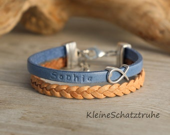 Leather name bracelet communion fish desired color