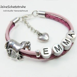 Name bracelet leather MY HORSE for girls in fuchsia pink with horse and heart