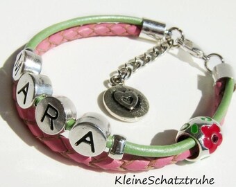 Namensarmband Leder für Mädchen pink grün Blume Herz