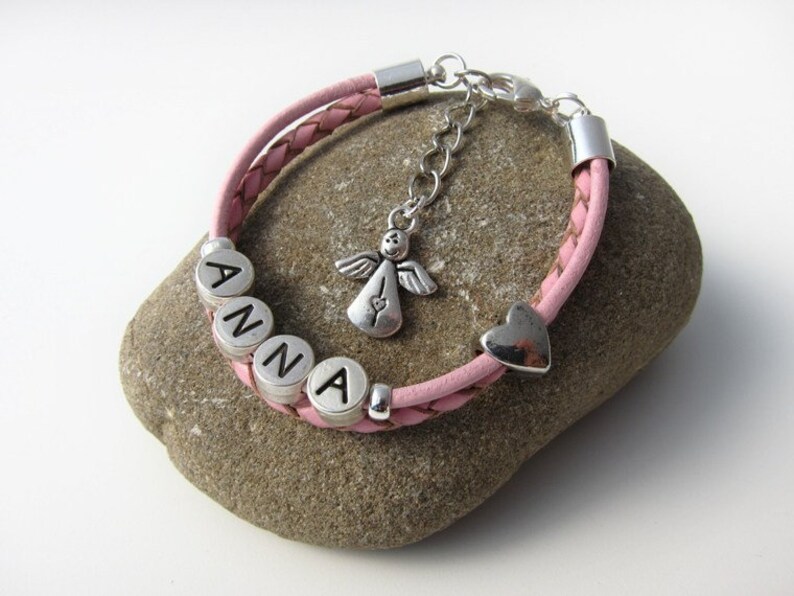 Name bracelet leather for girls pink HEARTFELT image 2