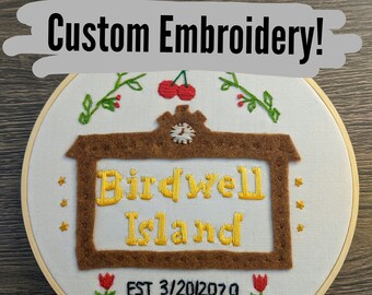 CUSTOM Personalised Island / Town Animal Crossing Hand Embroidered 6 inch Hoop