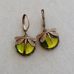 Olivene dragonflies . earrings victorian style brass dragonfly chatreuse oliv green glass cabochon golden summer garden gift under 20