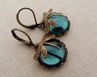 dragonfly earrings . Ink moons . ink blue montana sapphire brass, glass cabochon vintage victorian, gift for women, gift for her, mothersday