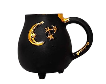 Handmade Black Ceramic Cauldron Mug: Gold Moon & Stars, Witchy Coffee Cup
