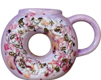 Donut Mug – Handmade Ceramic Coffee Cup – Lilac Frosted with Gold Accents – Unique Pottery
