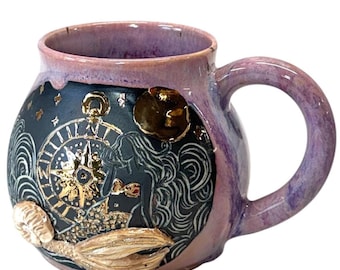 Custom Made- Handcrafted Ceramic Mug, Mermaid Compass, Gold Accents, Ritual Vessel