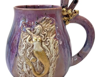 Ceramic Mermaid Mug, Rhodonite Crystals, Ocean Inspired, Mother’s Day Gift