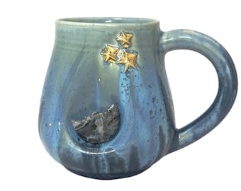 Handcrafted Celestial Moon Mug – Carved Crystal, Gold Stars, Celestial Palette