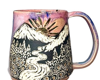 Sunset  Mug – Mountain Landscape Ceramic Mug – River Sunrise Coffee Cup – Handmade Nature Pottery