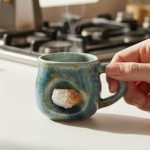 May include: A white ceramic mug with a black handle and the text "But First, Coffee" in a bold, black font. The mug is set against a blurred background, suggesting a cozy setting.