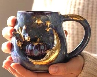 Garden Mug – Crescent Moon, Pumpkin & Butterfly | Shades of Purple, Gold Accents