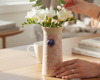 Handmade Ceramic Heart Vase, Soft Rose Floral Decor, Birthday, Mother's Day, Teacher's Gift