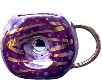 Donut Mug – Handmade Ceramic Coffee Cup – Grape Frosted with Gold Accents – Unique Pottery