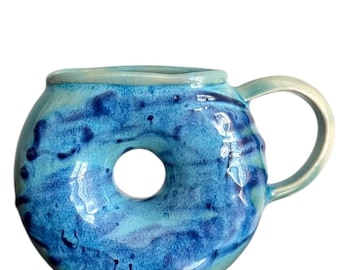 Handmade Donut Mug – Blue Ceramic Coffee Cup with Gold Accents – Pottery