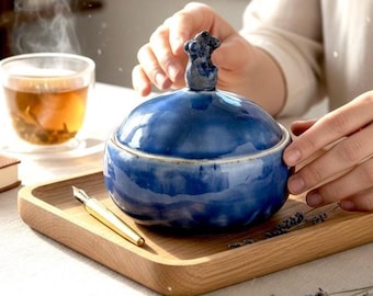 Handmade Ceramic Goddess Trinket Box, Sodalite Carved Lid, Cosmic Blue Glaze