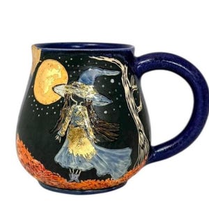 Handcrafted Witch Mug – Golden Moon & Autumn Night Magic, Whimsical Witch