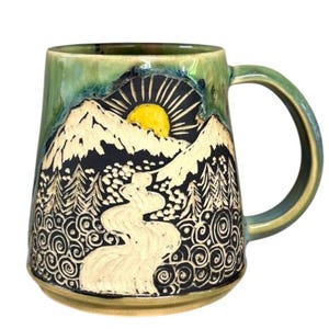 Sunset  Mug – Mountain Landscape Ceramic Mug – River Sunrise Coffee Cup – Handmade Nature Pottery